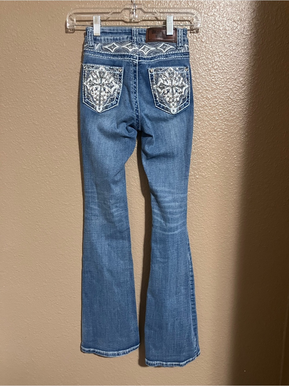 Women's Blue Boot-Cut Jeans with Embellished Back Pockets